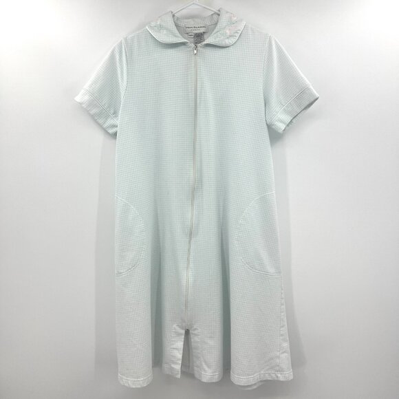 Miss Elaine Gingham Blue White Print Front Zip Robe Women Small - Picture 1 of 10